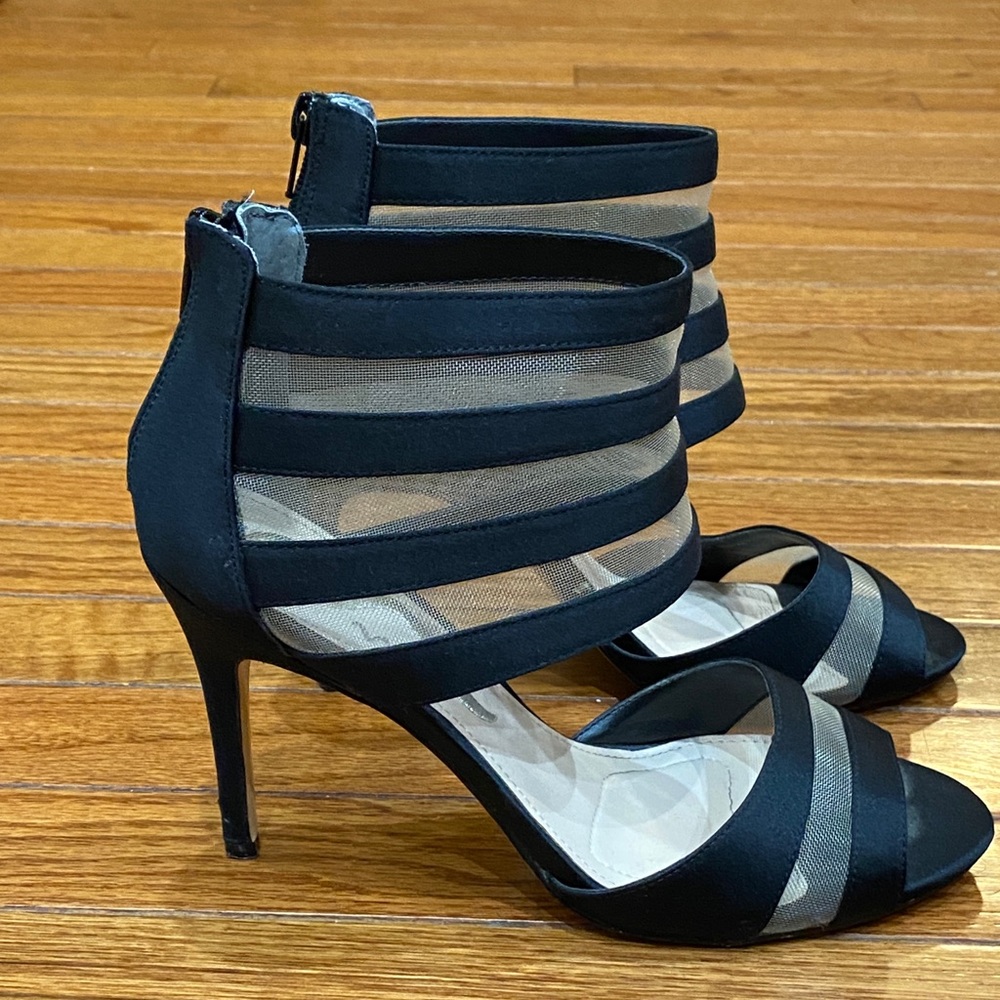 Nina black mesh and satin open toe heels.